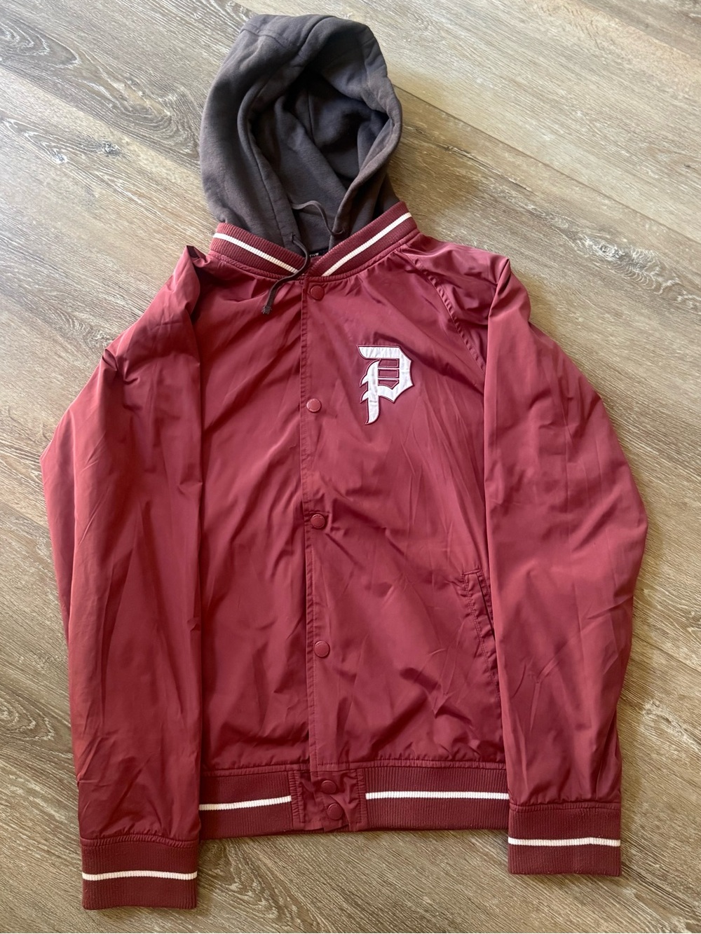 Primitive Burgundy Bomber Jacket with Gray Hood and White Trim